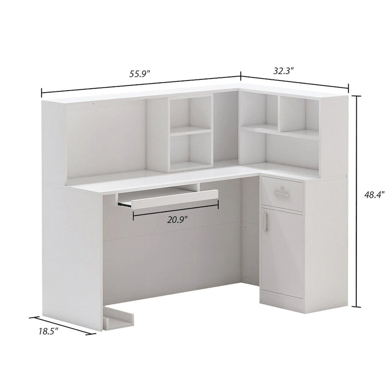 Timechee Reception Desk L-Shaped Counter Shelves Drawers Reception Table