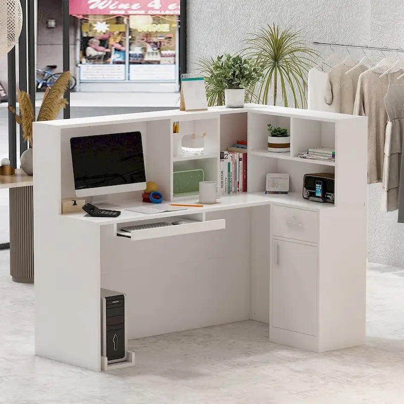 Timechee Reception Desk L-Shaped Counter Shelves Drawers Reception Table