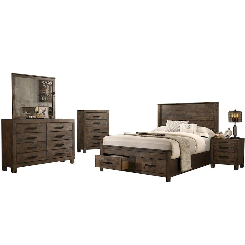 Wooden Storage California King Platform Bedroom Set in Rustic Golden Brown