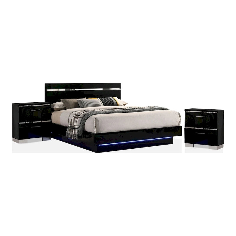 Benvolio Contemporary Black Wood LED 3-Piece Panel Bed with 2 Nightstands Set with USB Port by Furniture of America