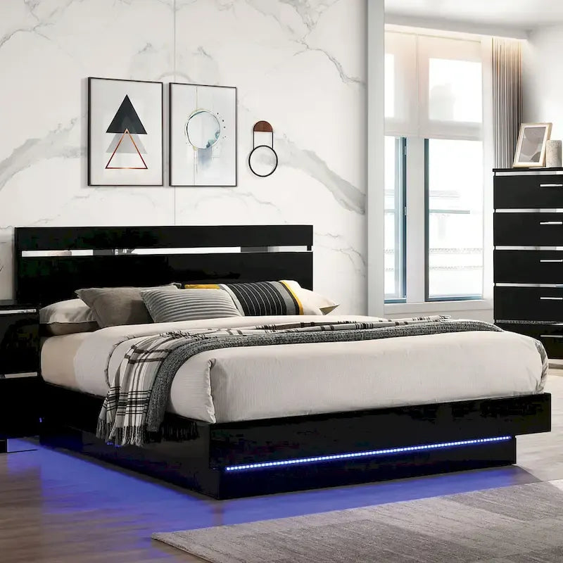 Benvolio Contemporary Black Wood LED 3-Piece Panel Bed with 2 Nightstands Set with USB Port by Furniture of America