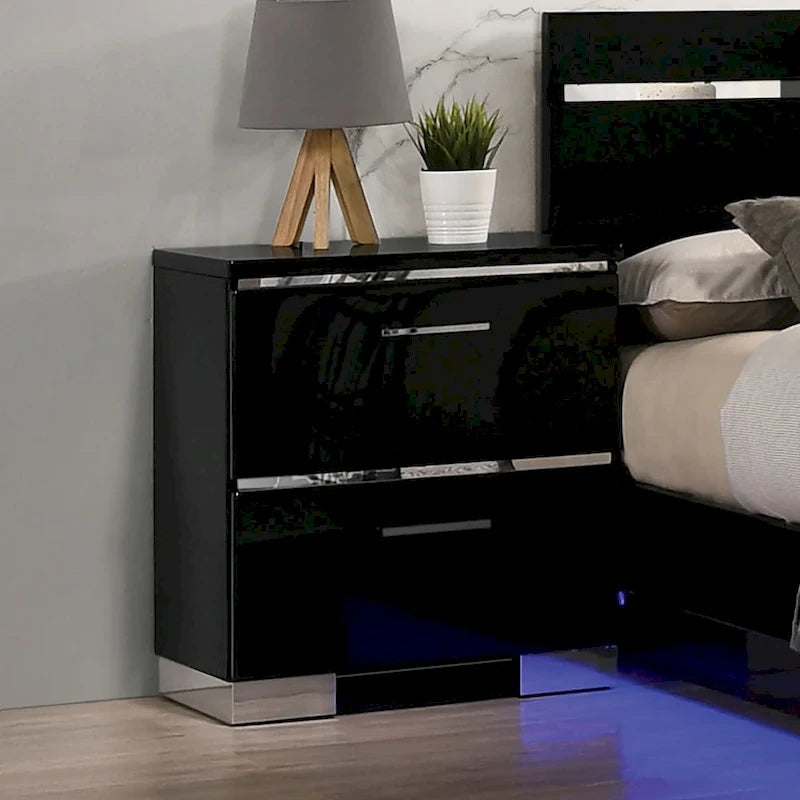 Benvolio Contemporary Black Wood LED 3-Piece Panel Bed with 2 Nightstands Set with USB Port by Furniture of America