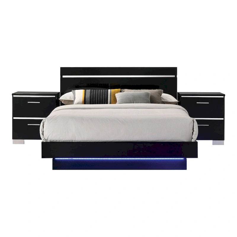 Benvolio Contemporary Black Wood LED 3-Piece Panel Bed with 2 Nightstands Set with USB Port by Furniture of America