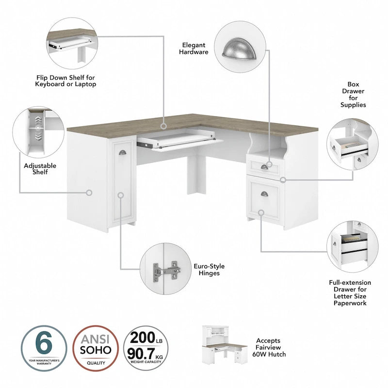 Fairview 60W L Shaped Desk with Hutch and Bookcase by Bush Furniture