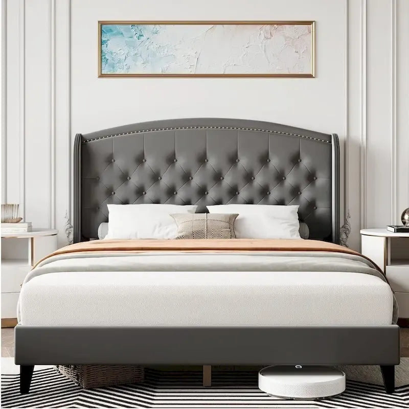 Upholstered Platform Bed Frame with Wingback Headboard