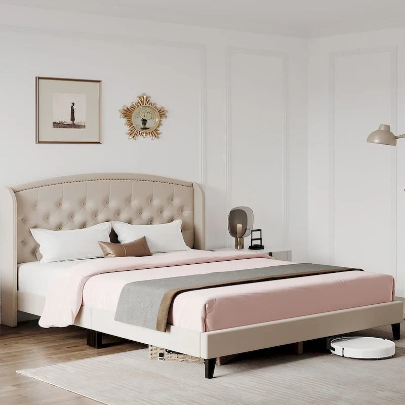 Upholstered Platform Bed Frame with Wingback Headboard