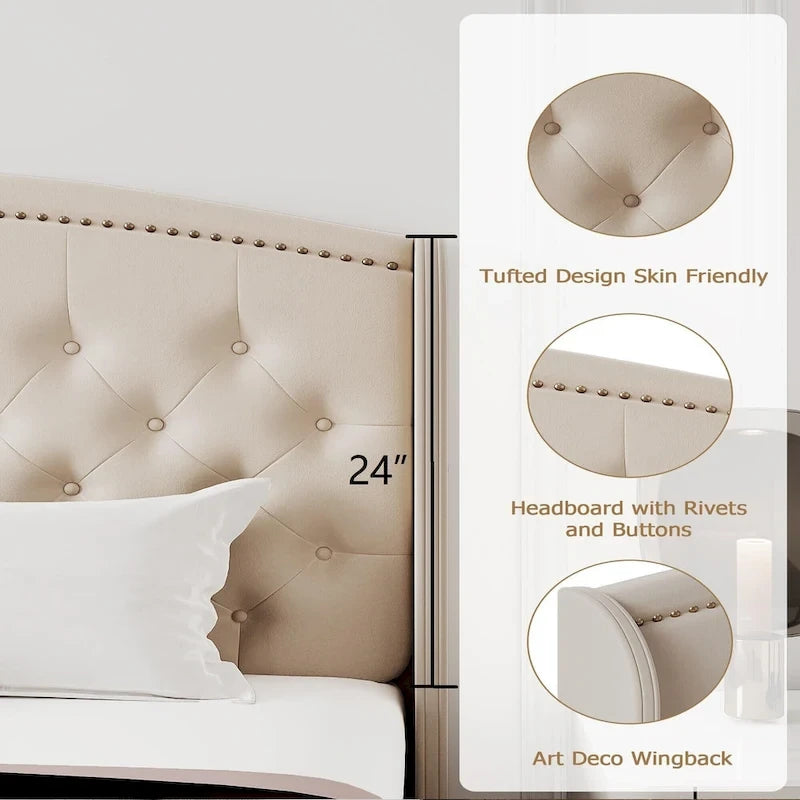 Upholstered Platform Bed Frame with Wingback Headboard