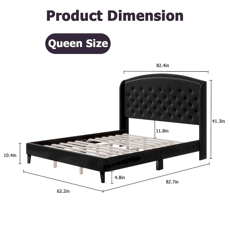 Upholstered Platform Bed Frame with Wingback Headboard