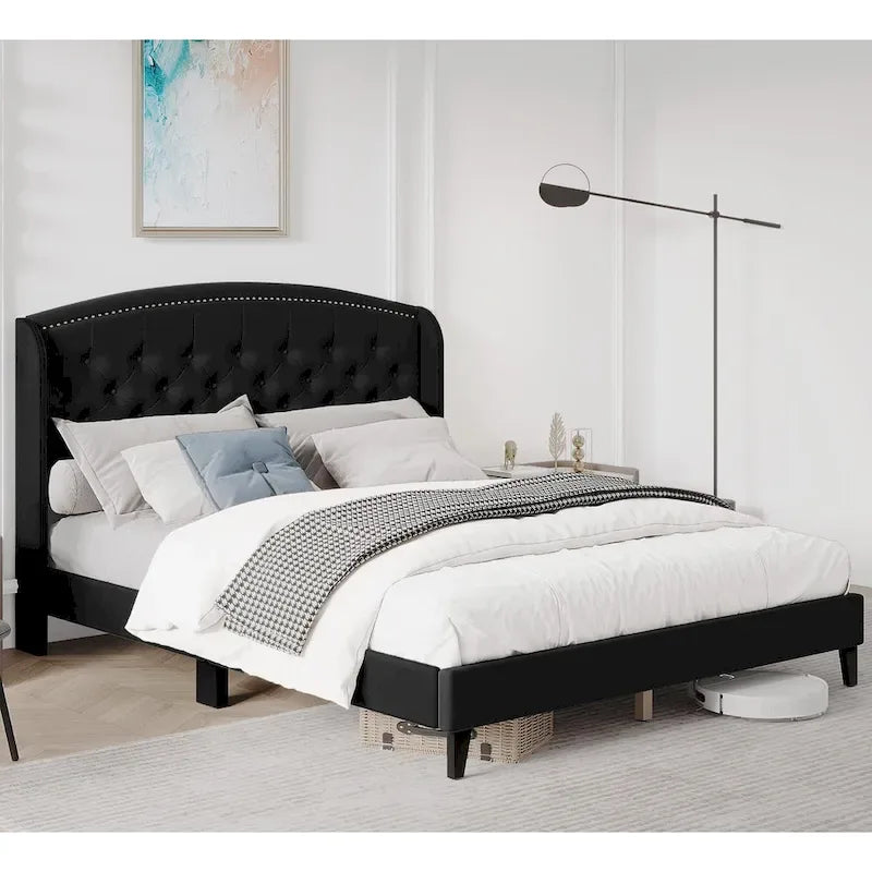 Upholstered Platform Bed Frame with Wingback Headboard