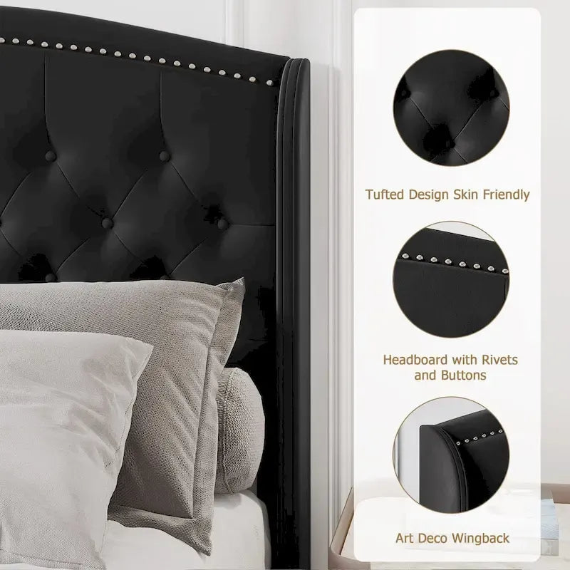 Upholstered Platform Bed Frame with Wingback Headboard