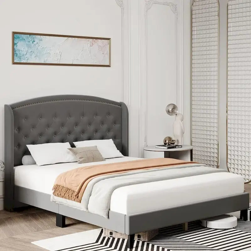 Upholstered Platform Bed Frame with Wingback Headboard