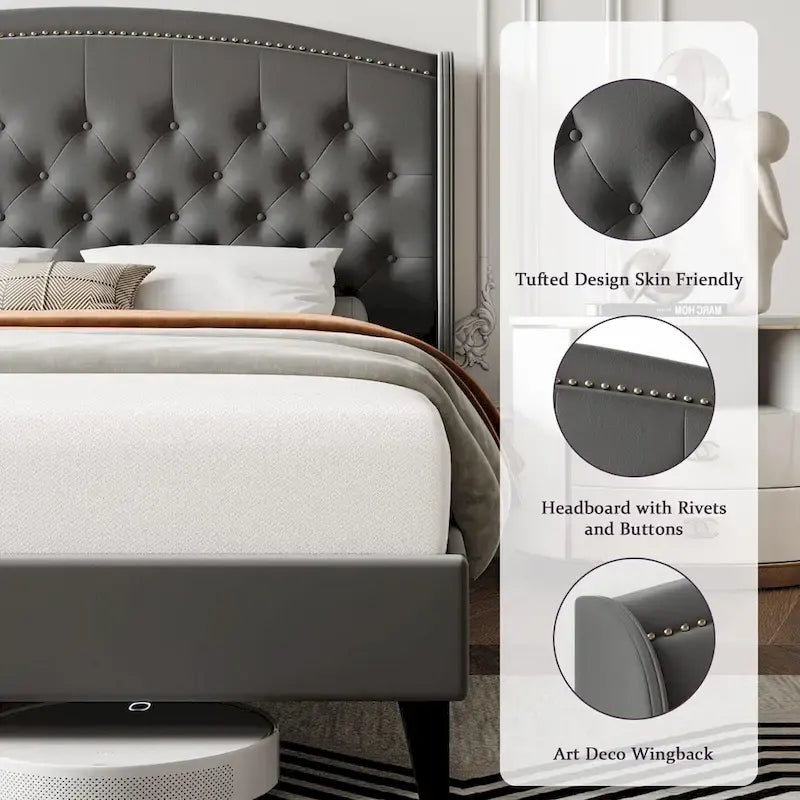 Upholstered Platform Bed Frame with Wingback Headboard