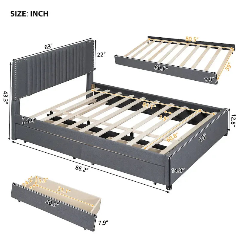 Upholstered Platform Bed with 2 Drawers and 1 Twin XL Trundle