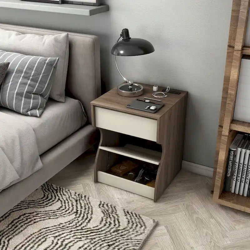DH BASIC Modern Chestnut Brown 1-Drawer Nightstand with Charging Station and Hidden Storage by Denhour