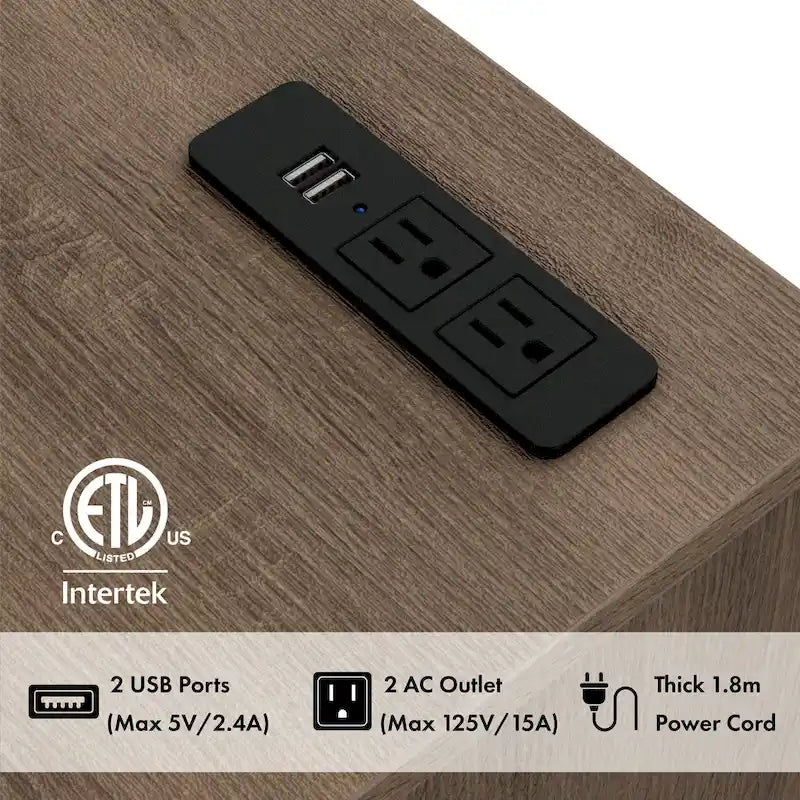 DH BASIC Modern Chestnut Brown 1-Drawer Nightstand with Charging Station and Hidden Storage by Denhour