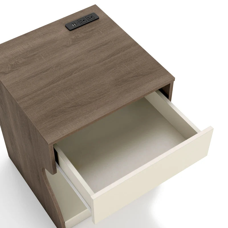 DH BASIC Modern Chestnut Brown 1-Drawer Nightstand with Charging Station and Hidden Storage by Denhour