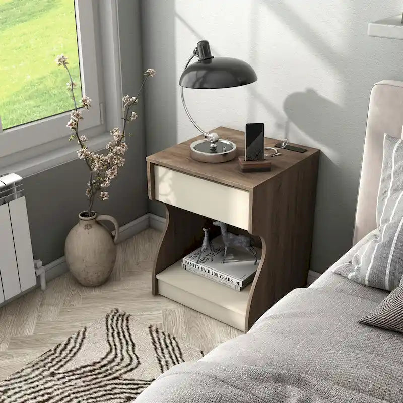DH BASIC Modern Chestnut Brown 1-Drawer Nightstand with Charging Station and Hidden Storage by Denhour