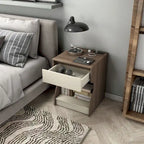 DH BASIC Modern Chestnut Brown 1-Drawer Nightstand with Charging Station and Hidden Storage by Denhour