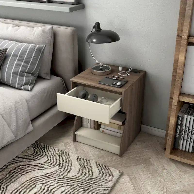DH BASIC Modern Chestnut Brown 1-Drawer Nightstand with Charging Station and Hidden Storage by Denhour