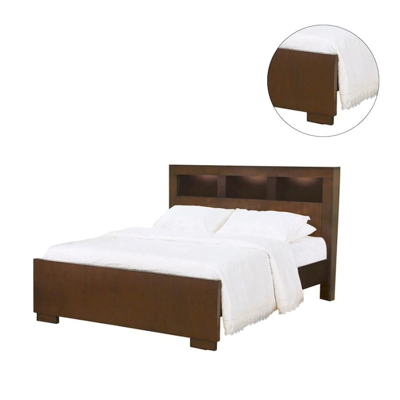 Wood Bed with Bookcase Headboard in Cappuccino