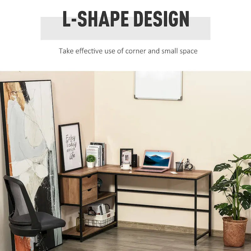 HOMCOM L-Shaped Home Office Writing Desk with Storage Shelf, Drawer, Brown