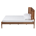 Eridian Mid-Century Modern Walnut Brown Finished Wood and Natural Rattan Platform Bed