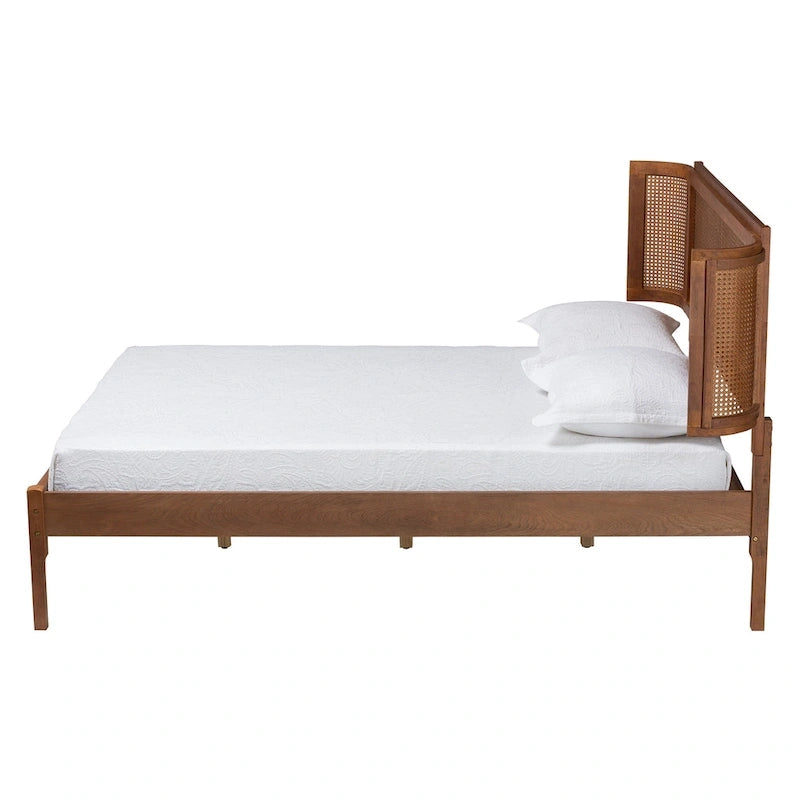 Eridian Mid-Century Modern Walnut Brown Finished Wood and Natural Rattan Platform Bed
