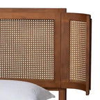 Eridian Mid-Century Modern Walnut Brown Finished Wood and Natural Rattan Platform Bed