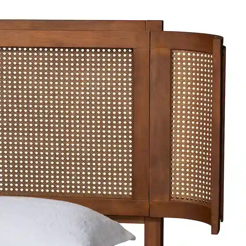 Eridian Mid-Century Modern Walnut Brown Finished Wood and Natural Rattan Platform Bed