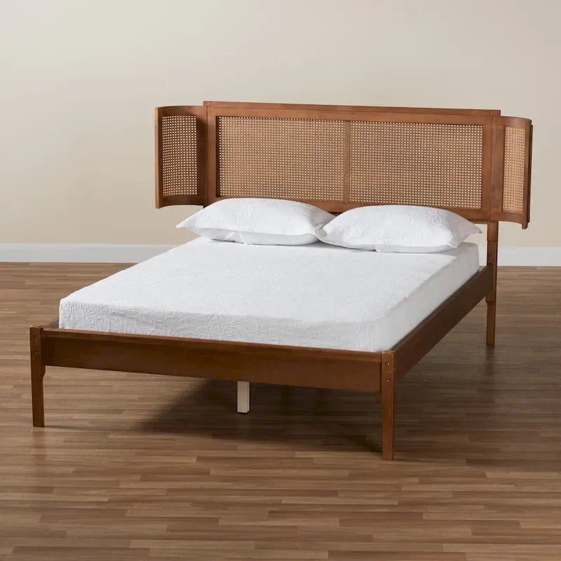 Eridian Mid-Century Modern Walnut Brown Finished Wood and Natural Rattan Platform Bed