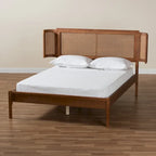Eridian Mid-Century Modern Walnut Brown Finished Wood and Natural Rattan Platform Bed