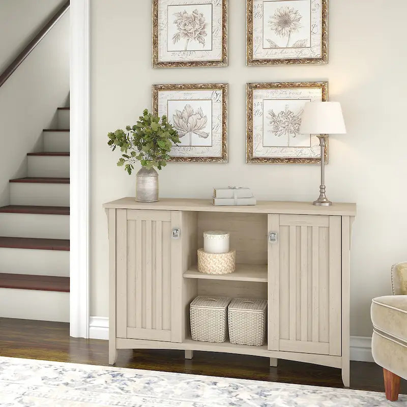 Antique White Storage Cabinet with Doors - 46.22 L x 12.76 W x 29.96 H - 46.22 L x 12.76 W x 29.96 H