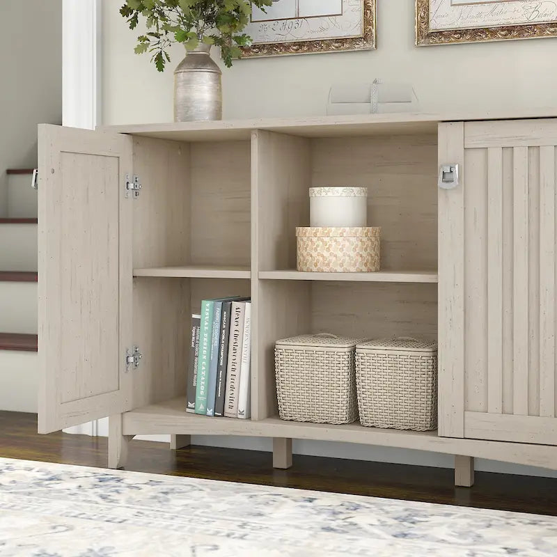 Antique White Storage Cabinet with Doors - 46.22 L x 12.76 W x 29.96 H - 46.22 L x 12.76 W x 29.96 H