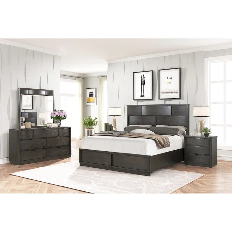 Roundhill Furniture Belani Wood Panel Bed Set, Bed, Dresser, Mirror, and Two Nightstands, Espresso