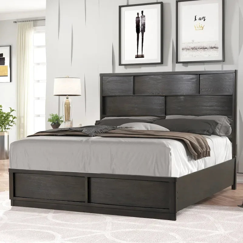 Roundhill Furniture Belani Wood Panel Bed Set, Bed, Dresser, Mirror, and Two Nightstands, Espresso