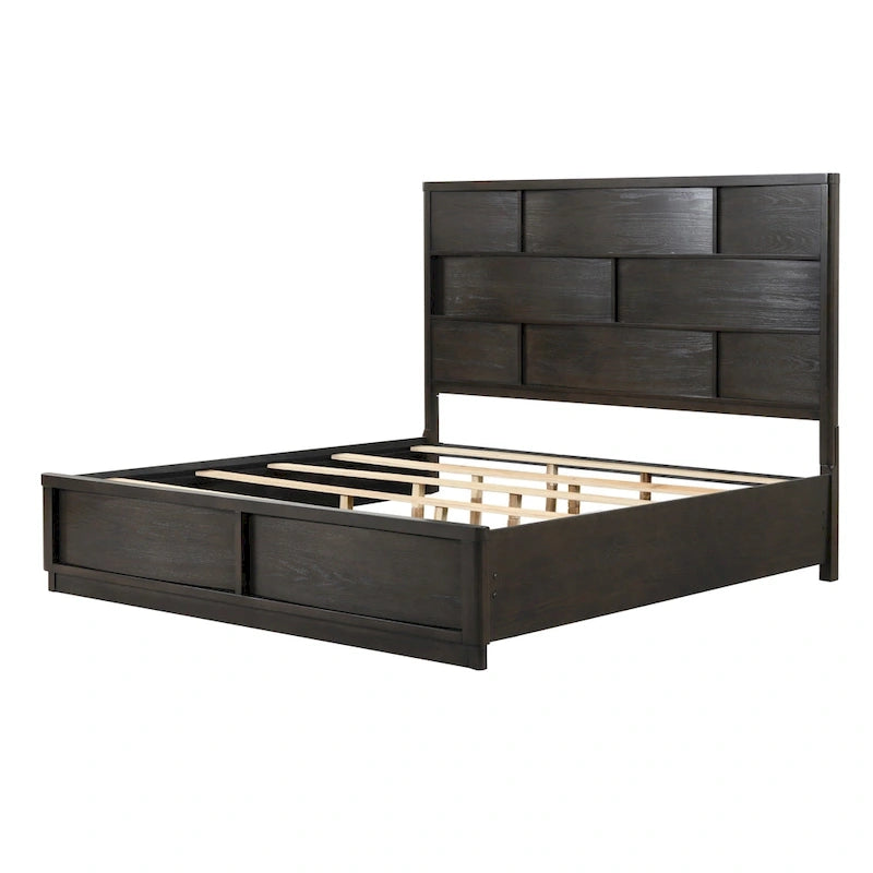 Roundhill Furniture Belani Wood Panel Bed Set, Bed, Dresser, Mirror, and Two Nightstands, Espresso