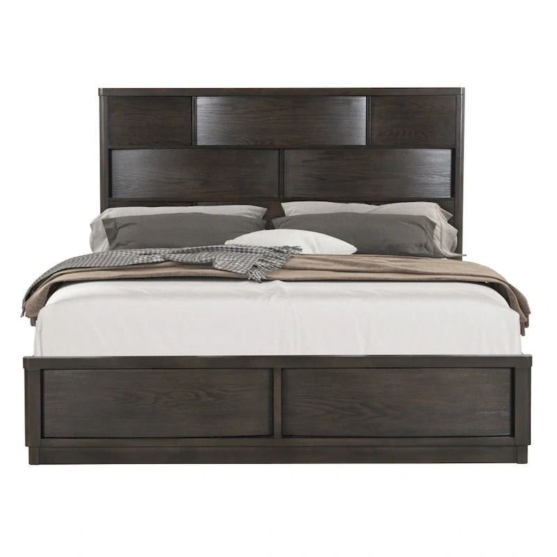 Roundhill Furniture Belani Wood Panel Bed Set, Bed, Dresser, Mirror, and Two Nightstands, Espresso