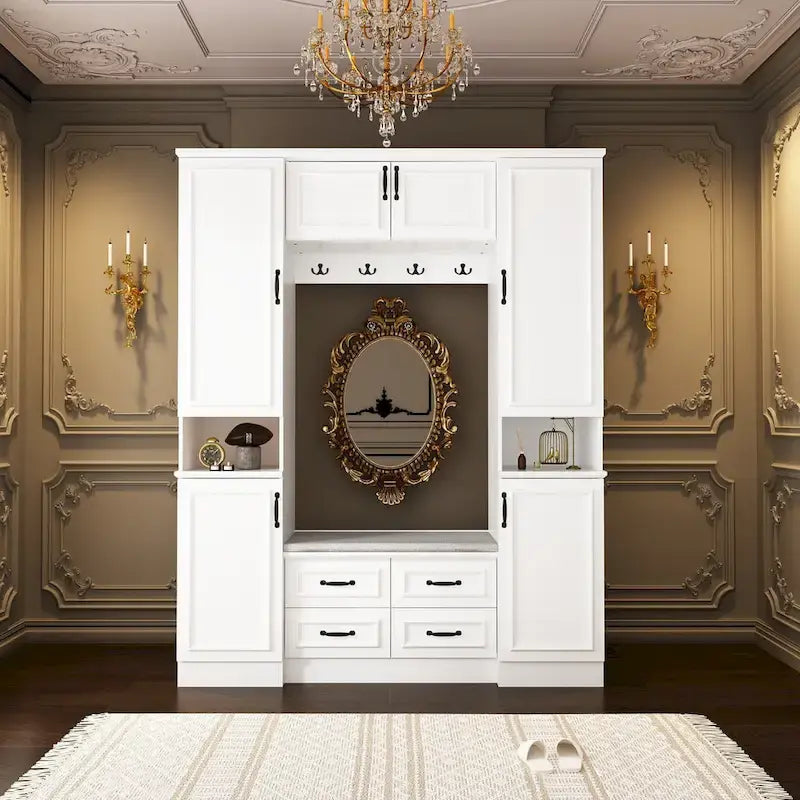 Modern 6-Door Armoire with Cushioned Bench and Drawers