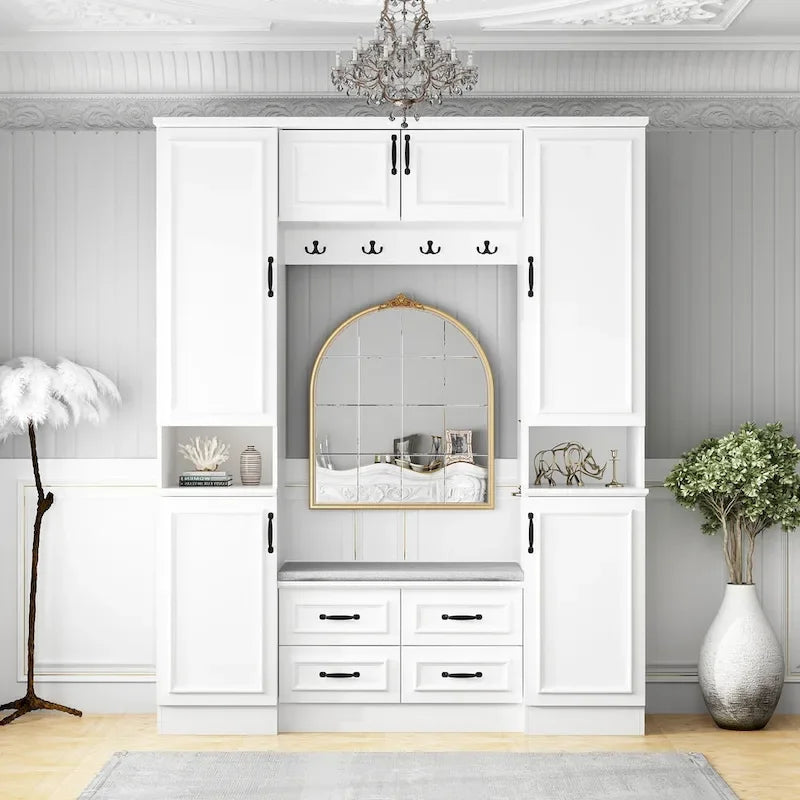 Modern 6-Door Armoire with Cushioned Bench and Drawers