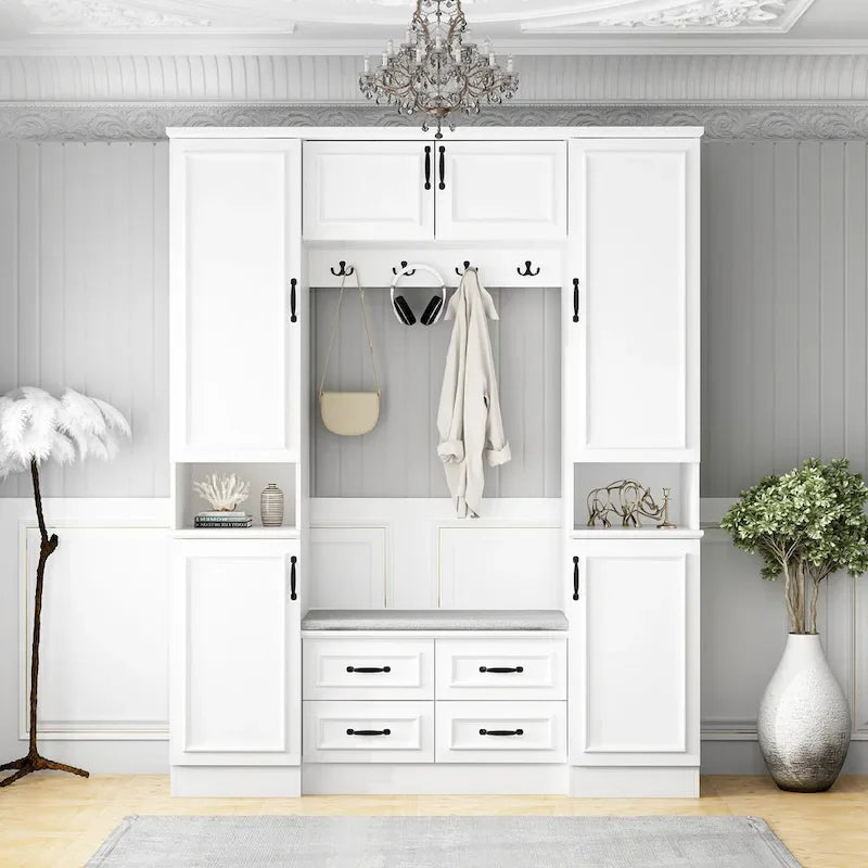 Modern 6-Door Armoire with Cushioned Bench and Drawers