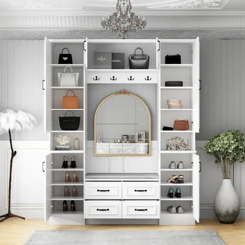 Modern 6-Door Armoire with Cushioned Bench and Drawers
