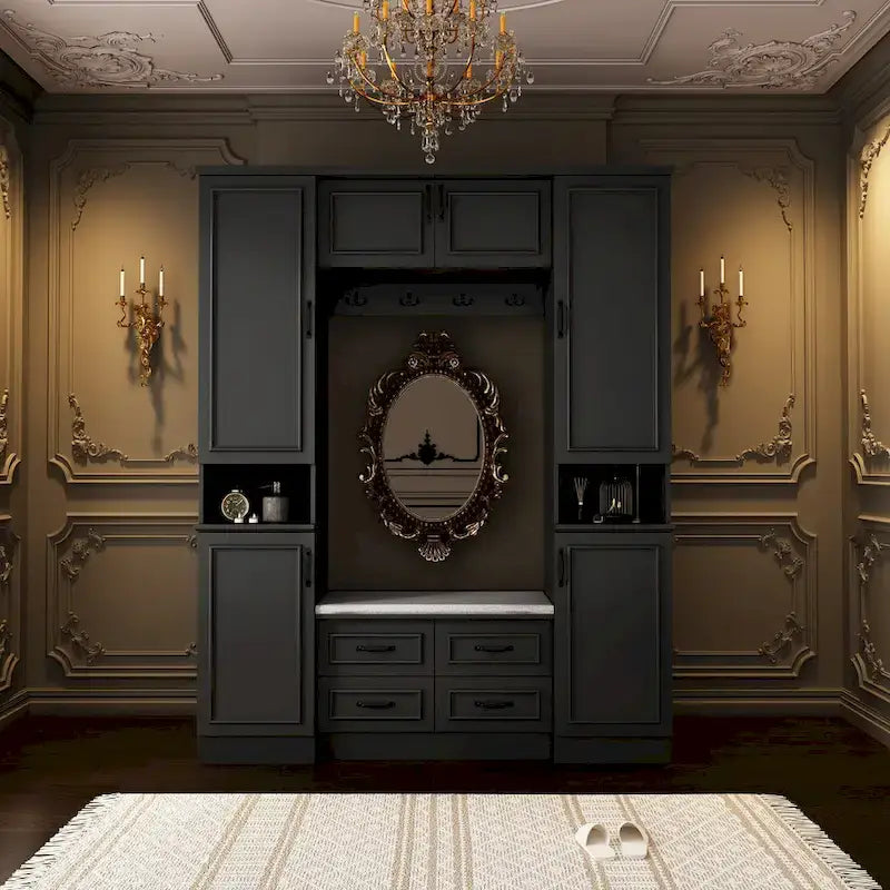 Modern 6-Door Armoire with Cushioned Bench and Drawers
