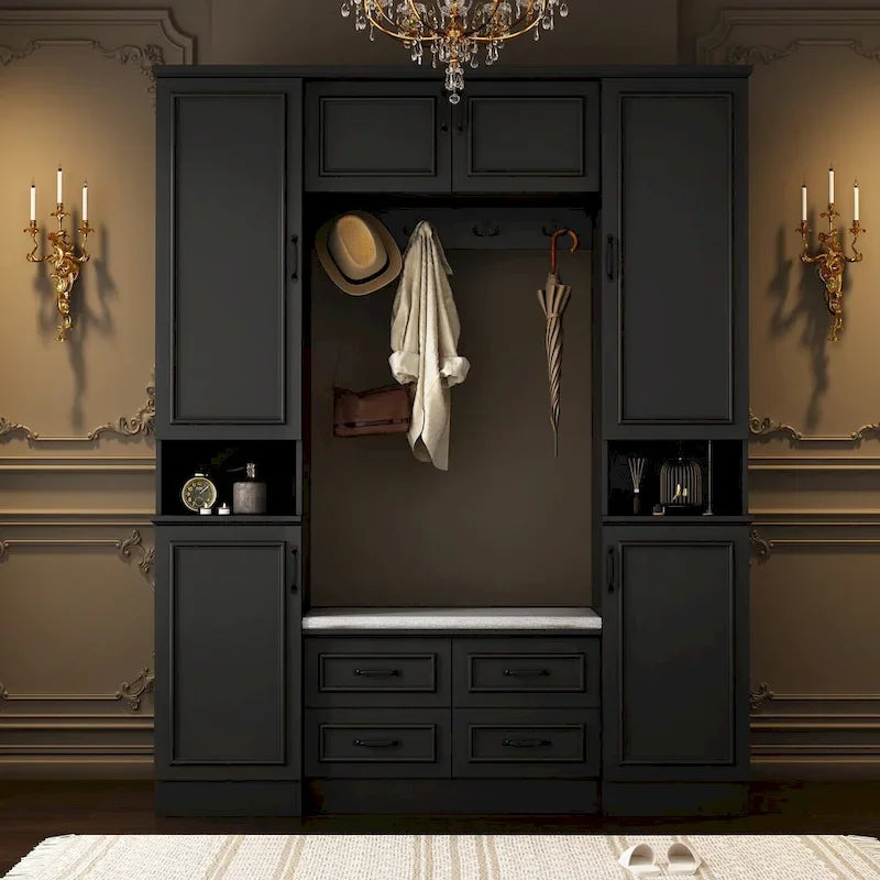 Modern 6-Door Armoire with Cushioned Bench and Drawers