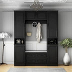 Modern 6-Door Armoire with Cushioned Bench and Drawers