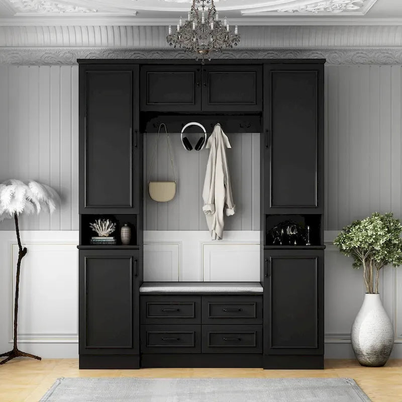 Modern 6-Door Armoire with Cushioned Bench and Drawers
