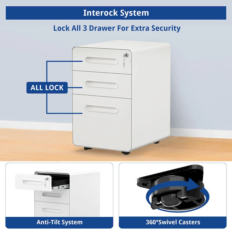 Modern 3-Drawer Mobile Vertical Steel File Cabinet