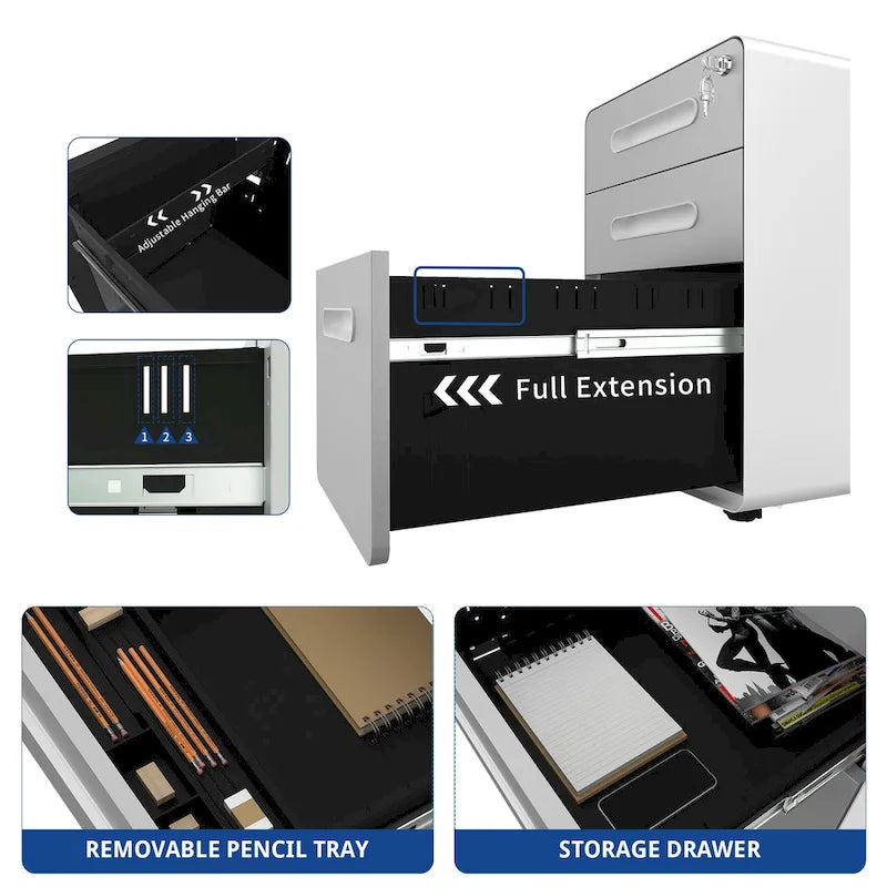 Modern 3-Drawer Mobile Vertical Steel File Cabinet