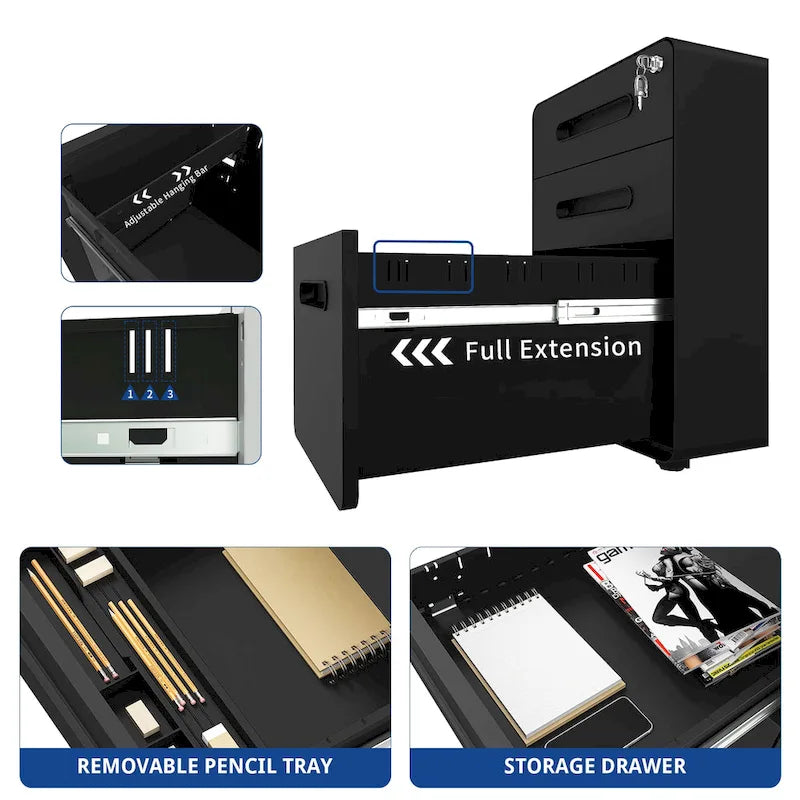 Modern 3-Drawer Mobile Vertical Steel File Cabinet