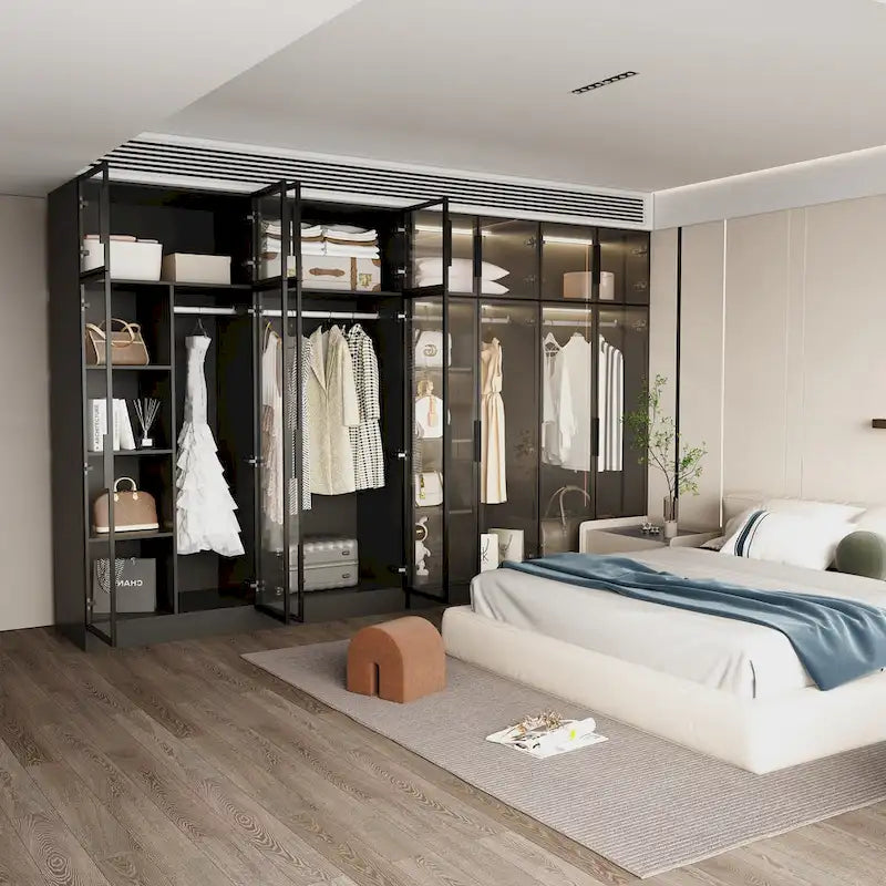 59.1 W Glass Door Wardrobe: Illuminated Interiors Closet Arimore Large