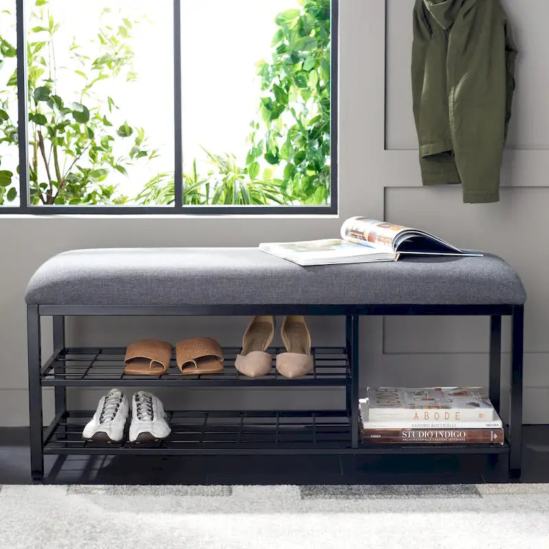 SAFAVIEH Yael Open Shelf Bench with Cushion - 42  W x 15  D x 18  H - 42Wx15Dx18H